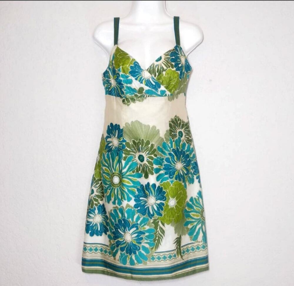 Ann Taylor Dress Floral Green Y2K Coquette County Women's Size 4 Petite
